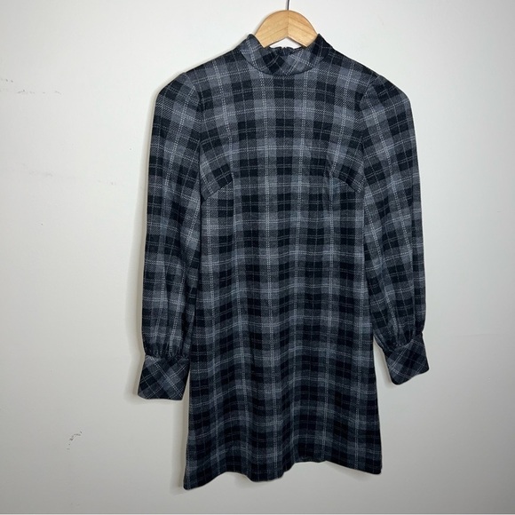 CALVIN KLEIN Women’s Zippered Plaid Cuffed Sleeve Mock Neck Short Shift Dress 4P - Picture 11 of 13